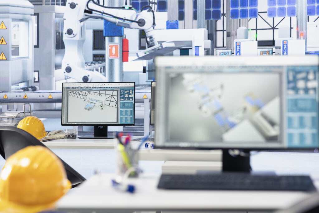 PC screen on desk in empty photovoltaics factory used for analyzing data and reviewing system metrics. Computer monitor in solar panels plant troubleshooting technical issues, diagnosing faults